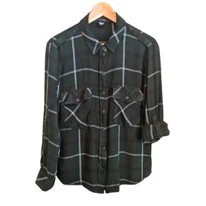 Sanctuary Green Plaid Snap Front Boyfriend Flannel Shirt Large